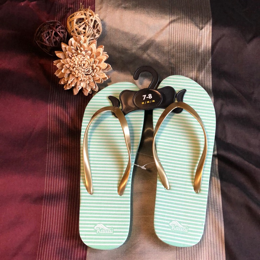 Striped Mint Green Flip Flops with Gold Straps